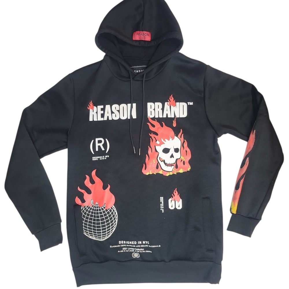 Reason Black Skull Hoodie with Red and White Graphics Size Medium